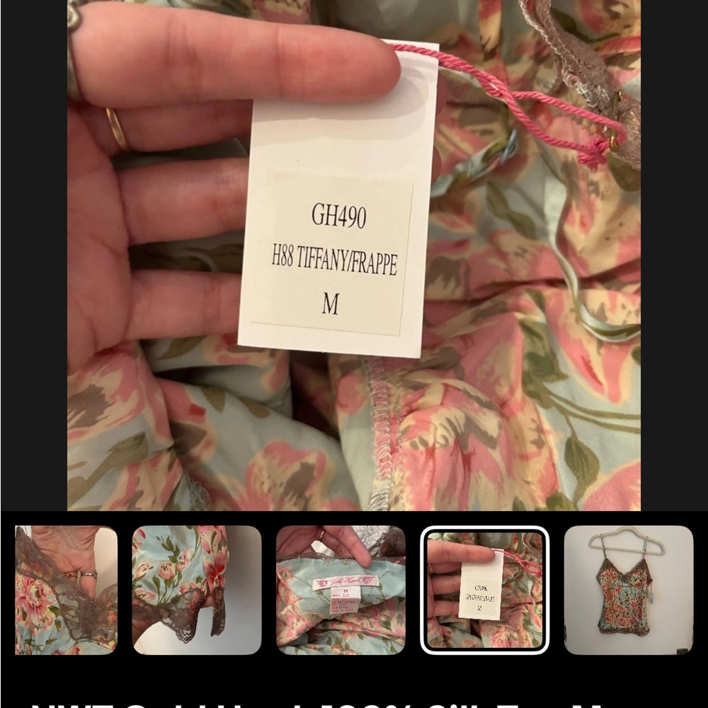 Gold Hawk 100% silk top floral print, Tiffany frappe lace sleeveless Cami M - Picture 3 of 7